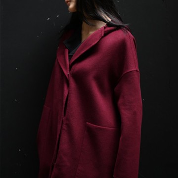 簡約結構-學院風連帽羊毛外套大衣-紅色