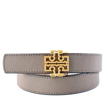 TORY BURCH 金屬鏤空LOGO防刮雙面用窄版皮帶-灰/棕