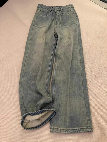 美式復古加絨加厚直筒牛仔褲女秋冬季新款小個子窄版闊腿長褲