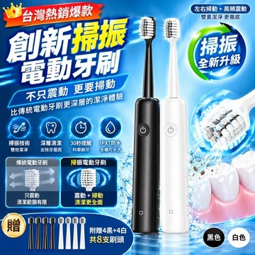 隔日到貨 升級掃振電動牙刷 音波電動牙刷 巴氏刷牙法 充電式牙刷 成人潔牙 黑白雙色 深層清潔 附替換刷頭
