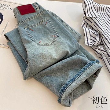 初色 復古撞色刺繡高腰直筒闊腿休閒牛仔褲寬褲長褲-淺藍色-11198(M-2XL可選/現貨+預購)