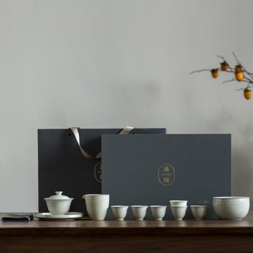 沐風草木灰仿古蓋碗套組家用辦公室功夫茶具禮盒裝 古青釉 泡茶碗