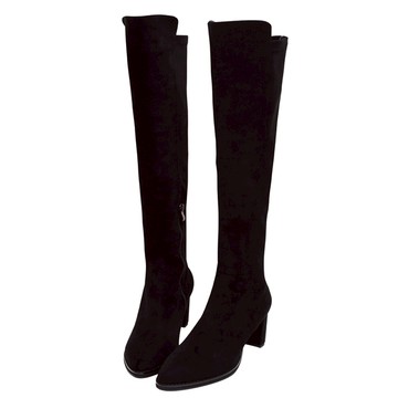 ANNSTAR 拐拐聯名-花邊教主防水絨布前高後低尖頭過膝靴8cm-黑