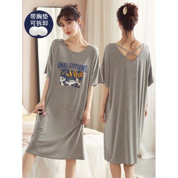莫代爾睡裙女士夏季帶胸墊加肥加大碼寬松薄款文胸一體睡衣可外穿