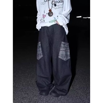 秋季鬆緊腰貼布印花牛仔褲男新款百搭藝文破洞哈倫褲男