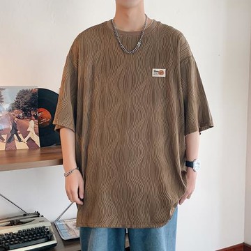 冰絲t恤男夏季寬松條紋提花肌理感上衣美式復古短袖五分半袖體恤