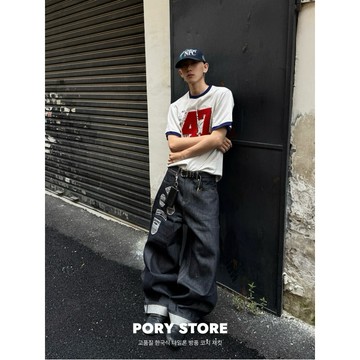 【PORY STORE】韓系原色復古牛仔褲 實拍 舒適 百搭 落地褲 原色牛仔褲 男生 牛仔寬褲