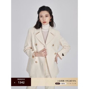 OBEG歐碧倩美利奴羊毛呢大衣冬季復古雙排扣廓形西裝外套10444011