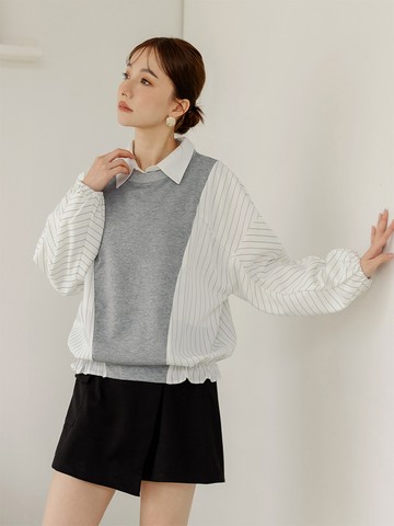 條紋拼接鬆緊下襬長袖上衣