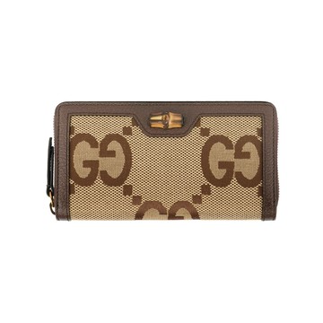 GUCCI Diana 竹節系列緹花布及皮革ㄇ形拉鍊長夾(棕色) 658634 UKMBT 2572