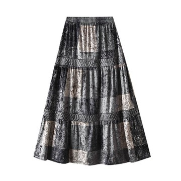 [米蘭精品] 半身裙長裙-民族風圖騰印花金絲絨女復古新中式國風女裙子2色74jc67