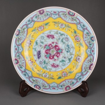 清乾隆粉彩手繪蓮紋纏枝 盤子 擺件 古玩古董仿古陶瓷器收藏品