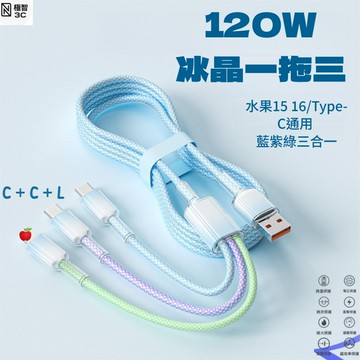 ⚡臺灣出貨⚡120W漸變冰晶編製數據線 快充線 馬卡龍一拖三  C＋C＋L 傳輸線