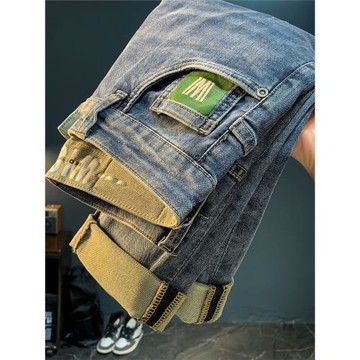 高端男士加絨牛仔褲2025冬季新款修身小腳褲刺繡潮流休閑哈倫男褲