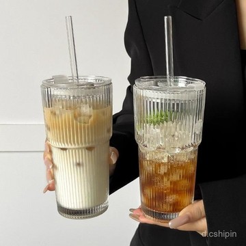 高顔值大容量帶蓋玻璃杯條紋吸管家用果汁咖啡杯ins杯子水杯