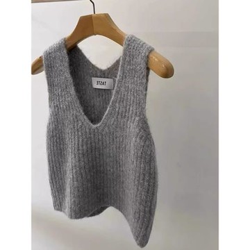 白色馬海毛V領針織背心女春秋季短款坎肩馬夾小個子外搭疊穿上衣