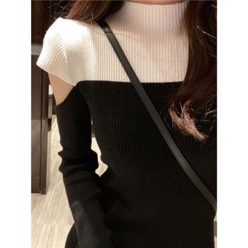 歐洲站秋冬新款法式輕奢高端小心機設計感開叉修身拼色針織連衣裙