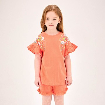 韓國 Jelispoon - 浪漫繡花點綴荷葉袖套裝-橘