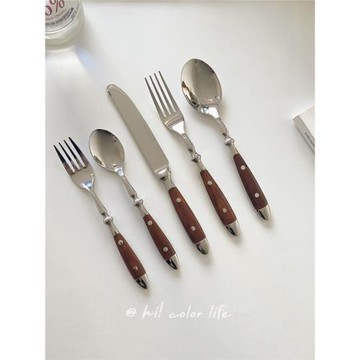復古風ins仿木紋柄刀叉勺3件套歐式西餐商用樹脂柄不銹鋼牛排刀叉