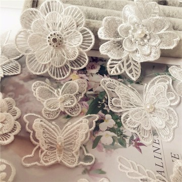 白色歐根紗立體花朵DIY手工服裝輔料貼花補丁衣帽配飾無膠