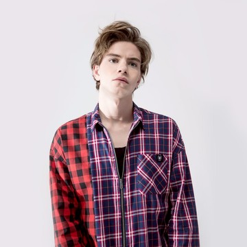 【中性款】 格紋拼接拉鍊長袖襯衫式外套 / 紅+紅藍格