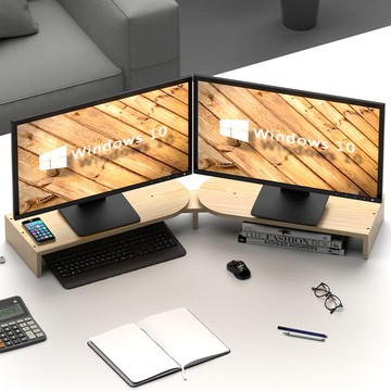 免運/開票 實木雙屏液晶桌面顯示器支架電腦增高架底座辦公室收納臺式支架L080快速出貨