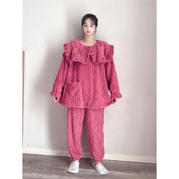 大碼睡衣女200斤可愛提花珊瑚絨冬季加厚加絨韓版甜美家居服套裝