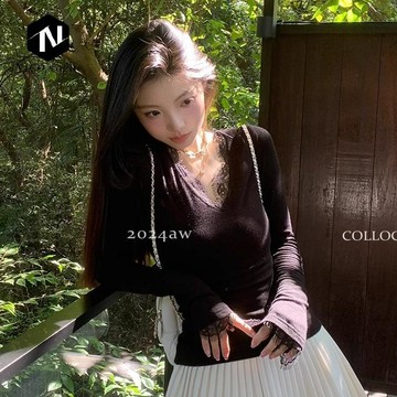 【Nico】臺灣熱銷🔥 新款百搭白色蕾絲打底衫女修身V領拼接黑色內搭長袖上衣