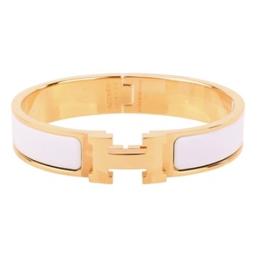 HERMES 愛馬仕-  H LOGO 窄版琺瑯不鏽鋼壓釦手環(玫瑰金x白)