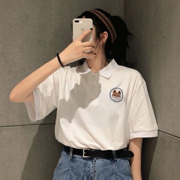 寬松休閑Polo領繡花日系上衣服女夏季新款韓版短袖t恤女學生