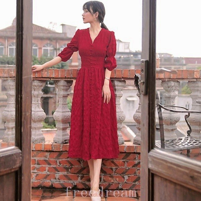 リゾートワンピース 可愛い 夏ワンピース Aライン レッド 沖縄 赤 Vネック エンパイア バルーンスリーブ 結婚式ワンピース ロングワンピース 通販 Lineポイント最大get Lineショッピング