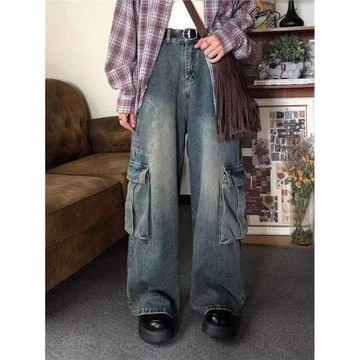 大口袋工裝牛仔褲男春秋復古潮牌機能美式高街寬松垂感闊腿褲子男