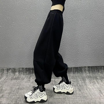 ParrotFashion抽繩拚接運動休閒燈籠褲女2024秋冬加絨高腰寬鬆顯瘦百搭束腳衛褲