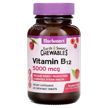 Bluebonnet Nutrition, Earth Sweet 咀嚼片，維生素 B12，樹莓味，5000 微克，60 片咀嚼片