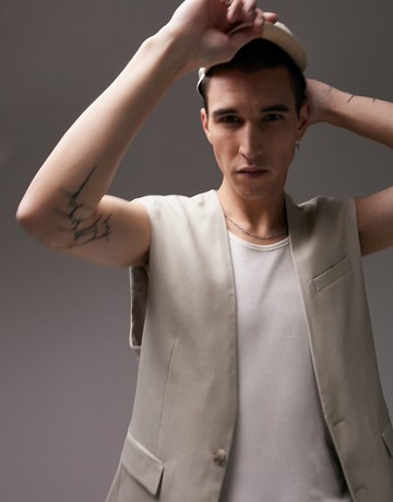 Topman sleeveless collarless blazer in stone-Neutral