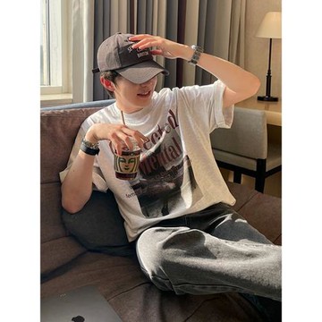 MRCYC美式復古短袖T恤男夏季寬松潮牌印花純棉半袖體恤圓領打底衫