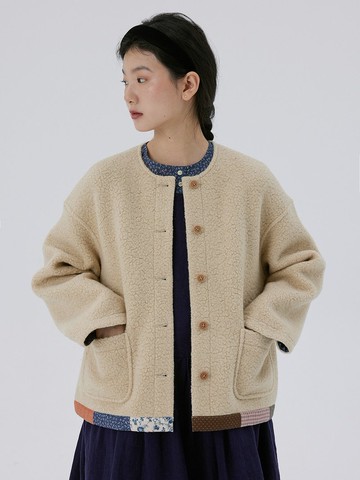 拼接花布下擺秋冬厚毛短外套