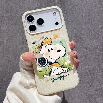 油畫史努比 iPhone17手機殼 蘋果16plus大孔皮紋 15pro軟殼 14 13 12 11 日常防撞防摔手機殼