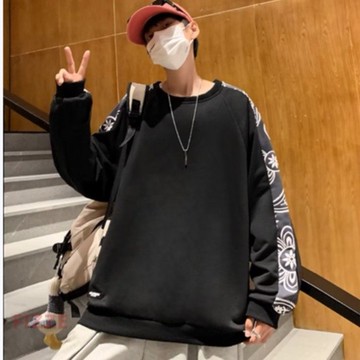 男士長袖T恤 大學T 韓版寬鬆腰果花長袖T恤男 男友風 圓領套頭男生長T 休閒長袖上衣百搭(BTIQ15【FIZZE】