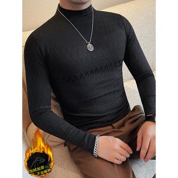 高級設計感半高領長袖t恤男秋冬季加絨加厚修身帥氣百搭中領體恤