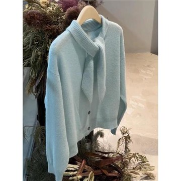 簡約藍色系帶蝴蝶結羊絨針織開衫韓系減齡軟糯慵懶風寬松百搭上衣