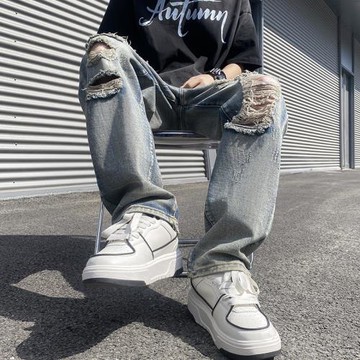 美式春秋季高街做舊復古破洞牛仔褲男潮牌嘻哈hiphop寬松直筒長褲