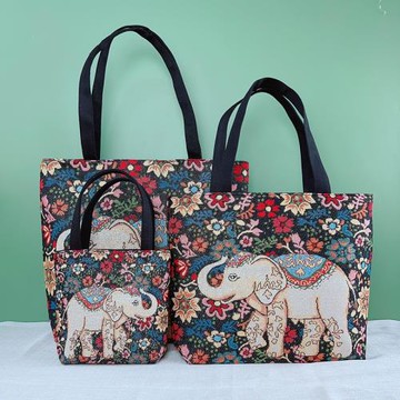 雙面金絲刺繡帆布復古民族風卡通大象單肩包大容量媽咪包購物袋