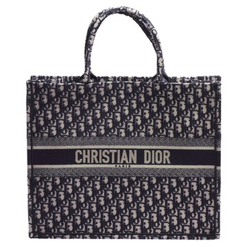DIOR 經典BOOK TOTE系列D LOGO刺繡帆布手提托特購物包(深藍)