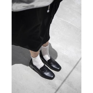 四幕單鞋女2024秋冬新款方頭粗跟樂福鞋英倫風黑色加絨小皮鞋女