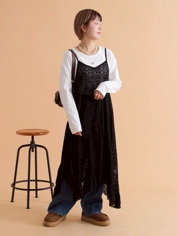 透膚蕾絲花紋不對襯裙襬吊帶洋裝(0F001288210) - ehka sopo