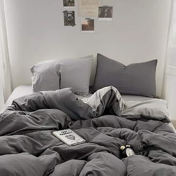 Hoom 禾慕生活 柔軟微皺水洗棉床包 雙人床包 150 x 200cm 芝麻霧灰