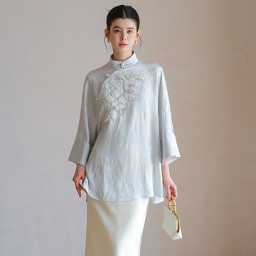 中國風釘珠繡花立領上衣 / 半裙 / 醋酸緞面清冷感款