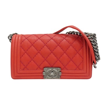 【二手名牌BRAND OFF】CHANEL 香奈兒 紅色皮革 Boy 25 鍊帶肩背包 無卡 A67086