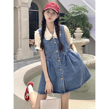 夏季V領牛仔背心裙女2022年新款學院風減齡小個子夏裝搭配連衣裙